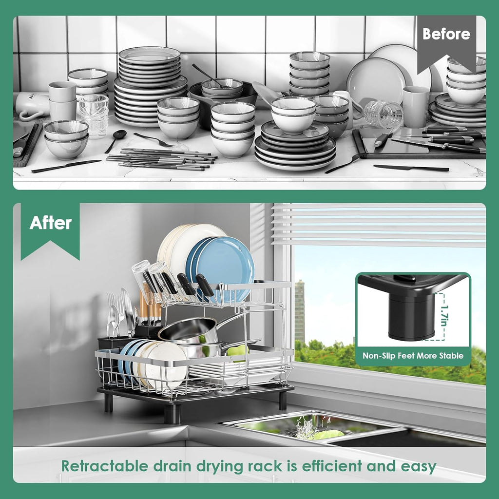 MOUKABAL Dish Drying Rack - 2 Tier Stainless Steel Dish Rack, Dish Racks for Kitchen Counter, Drying Rack Kitchen with Removable Utensil Holder and Drainboard (Black)