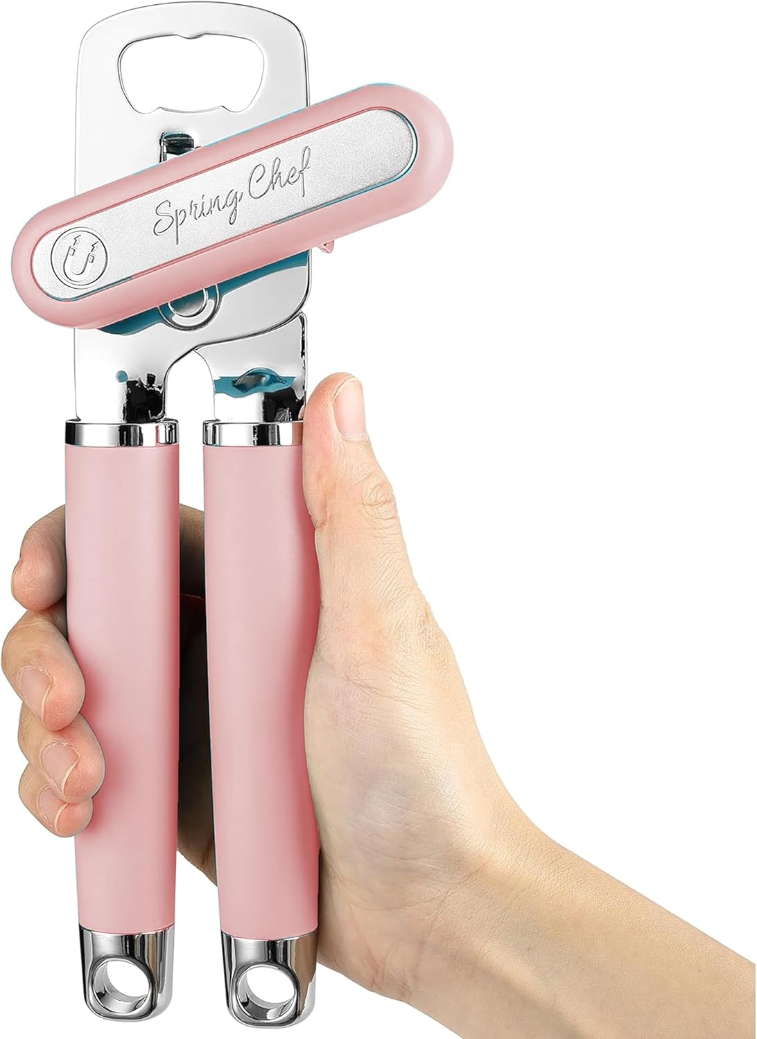 Spring Chef Stainless Steel Can Opener - Manual with Soft Grip Handles, Easy Turn, Heavy Duty Hand Can Openers for Seniors with Smooth Edge - Magnetic Lid Remover - Pink Lemonade