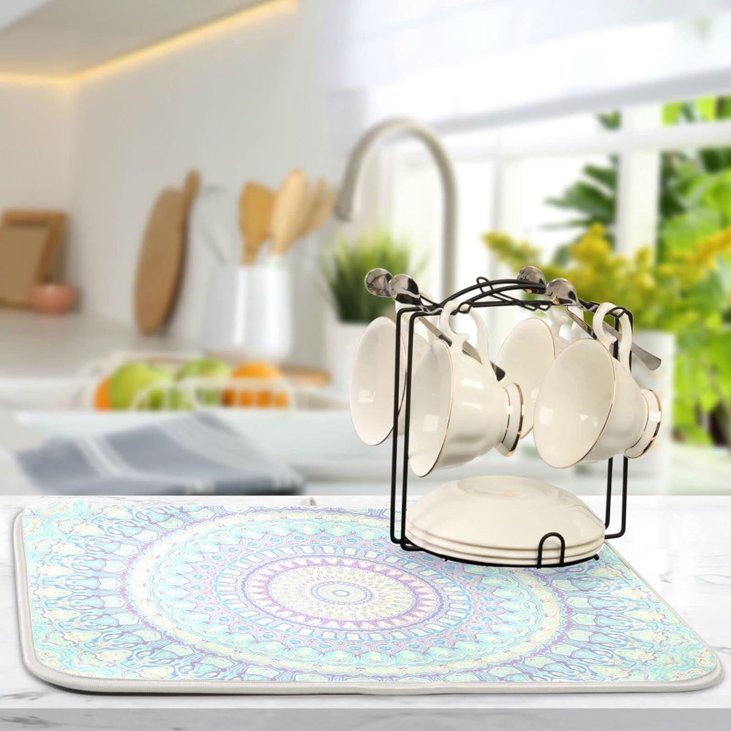 Mandala Bohemian Dish Drying Mat for Kitchen Counter Boho Ethnic Absorbent Microfiber Drying Pad, Large 18x24 in, Reversible Drainer Mats