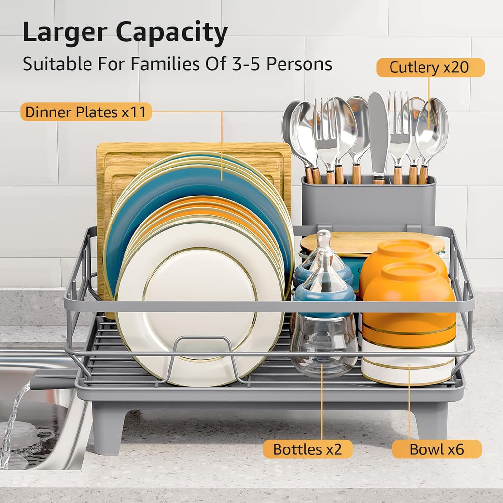 Dish Drying Rack for Kitchen Counter, Space-Saving Dish Rack, Multifunctional Dish Drainer Rack, Sink Kitchen Dishes Strainer, Dryer Rack with Drain Board, and Cutlery Holder,Small Size Gray