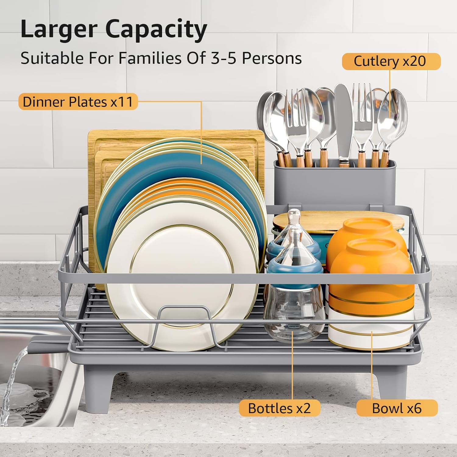 Dish Drying Rack for Kitchen Counter, Space-Saving Dish Rack, Multifunctional Dish Drainer Rack, Sink Kitchen Dishes Strainer, Dryer Rack with Drain Board, and Cutlery Holder,Small Size Gray