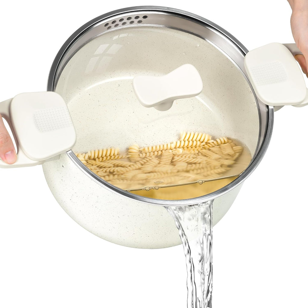 MICHELANGELO Pasta Pot with Strainer Lid - 6 Quart Multipurpose Pot with Twist and Lock Handles, Nonstick Soup Pot with Granite Coating, Induction Compatible, White
