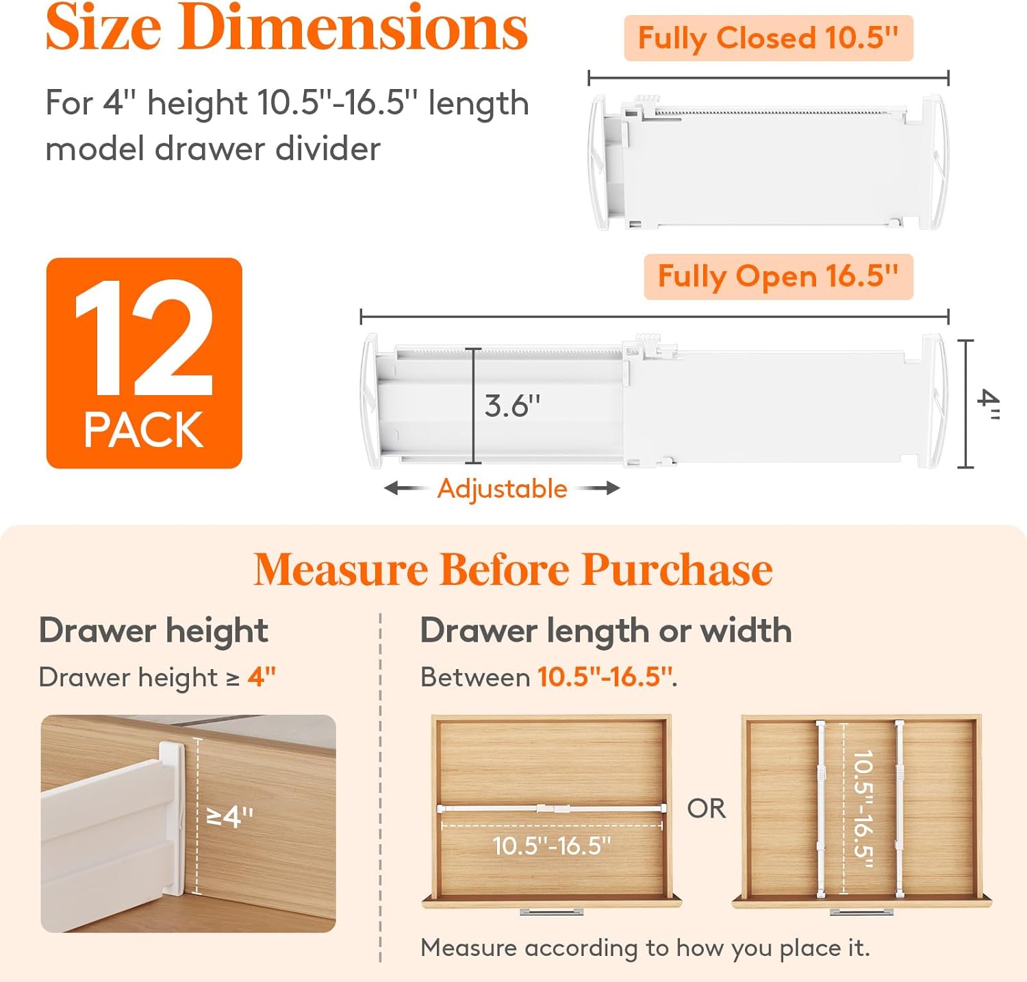 Lifewit 12 Pack Drawer Dividers 4" High, 10.5-16.5" Dresser Drawer Divider, Adjustable Drawer Organizers for Clothes, Plastic Drawers Separators for Dresser, Bedroom, Bathroom, Kitchen, Office