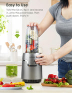 Smoothie Blender, 1100W Personal Blender for Shakes and Smoothies, Blenders and Grinder Combo for Kitchen with 2 * 22 Oz To-Go Cup and Lid for Protein Shake, Baby Food, Frozen Drink