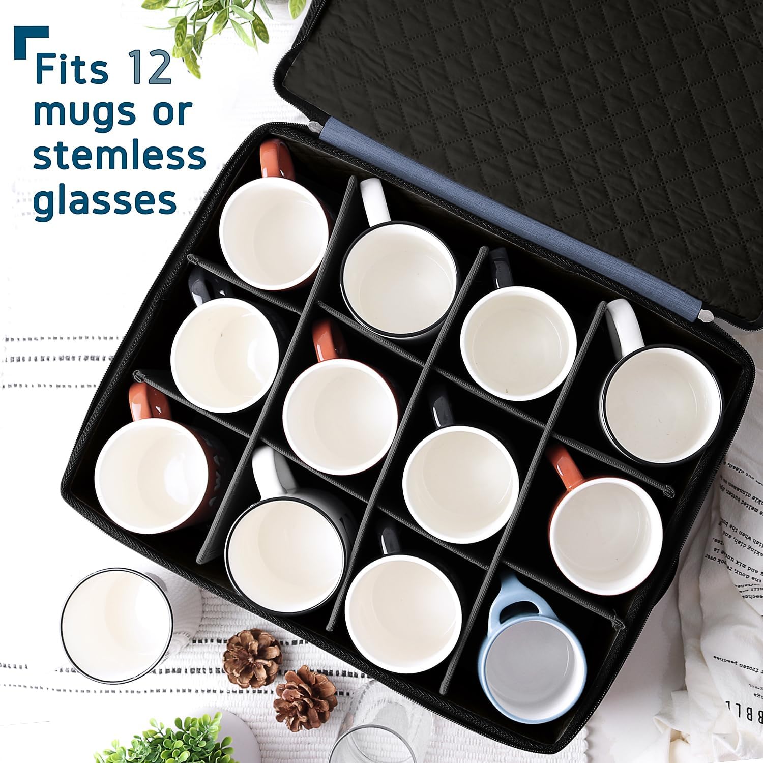 Coffee Mug Storage, 2 Pack Quilted and Stackable Coffee Cup Storage Organizer for Service of 24, Mug Storage Box with Dividers, China Containers Hard Shell for Moving and Organization, Blue