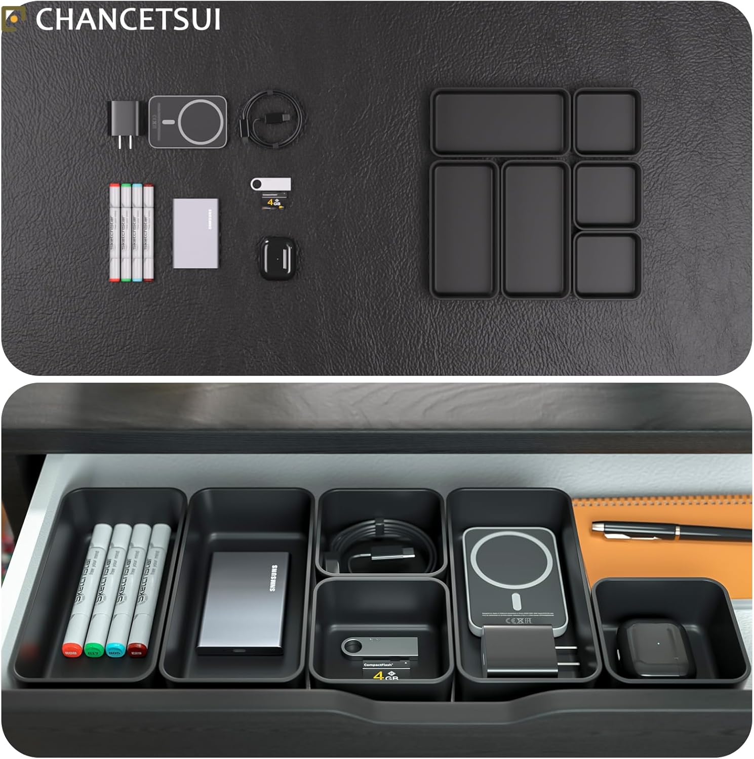 6 Pcs Stackable Drawer Organizer Set Desk Drawer Dividers, Bathroom Vanity Cosmetic Makeup Trays , Multipurpose Plastic Storage Bins for Jewelries, Kitchen Gadgets and Office Accessories, Black