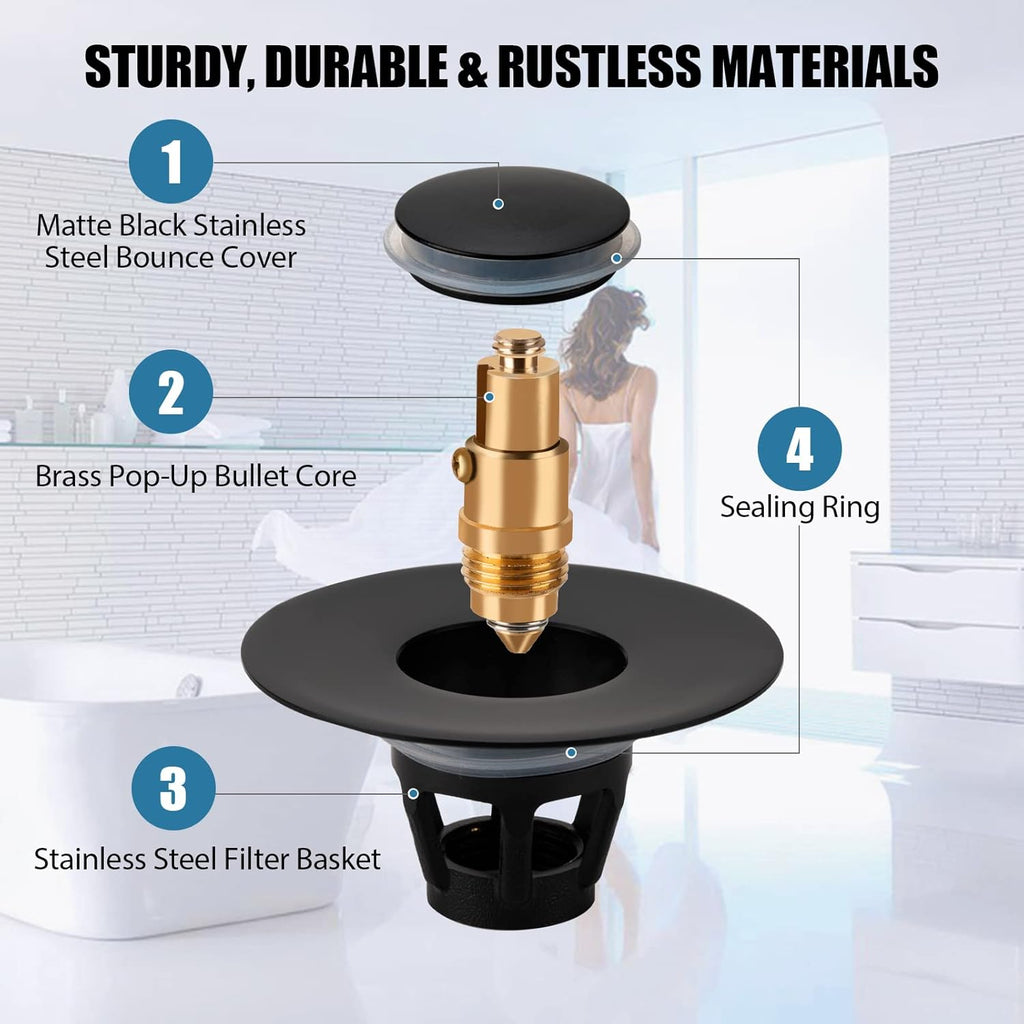 Three colors Bathroom Sink Stopper, 1.1-1.5" Bathroom Sink Strainer, Universal WashBasin Pop Up Drain Stopper, Bounce Core Push Type Sink Plug, Anti-Clogging, Stainless Steel (Matte Black,1PCS)