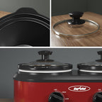 Sunvivi Double Slow Cooker,2 Pot Small Mini Crock Buffet Servers and Warmer,Dual Pot Oval Manual Slow Cooker with Adjustable Temp Removable Ceramic Pot,Stainless Steel, Total 2 * 1.25 Quarts Red