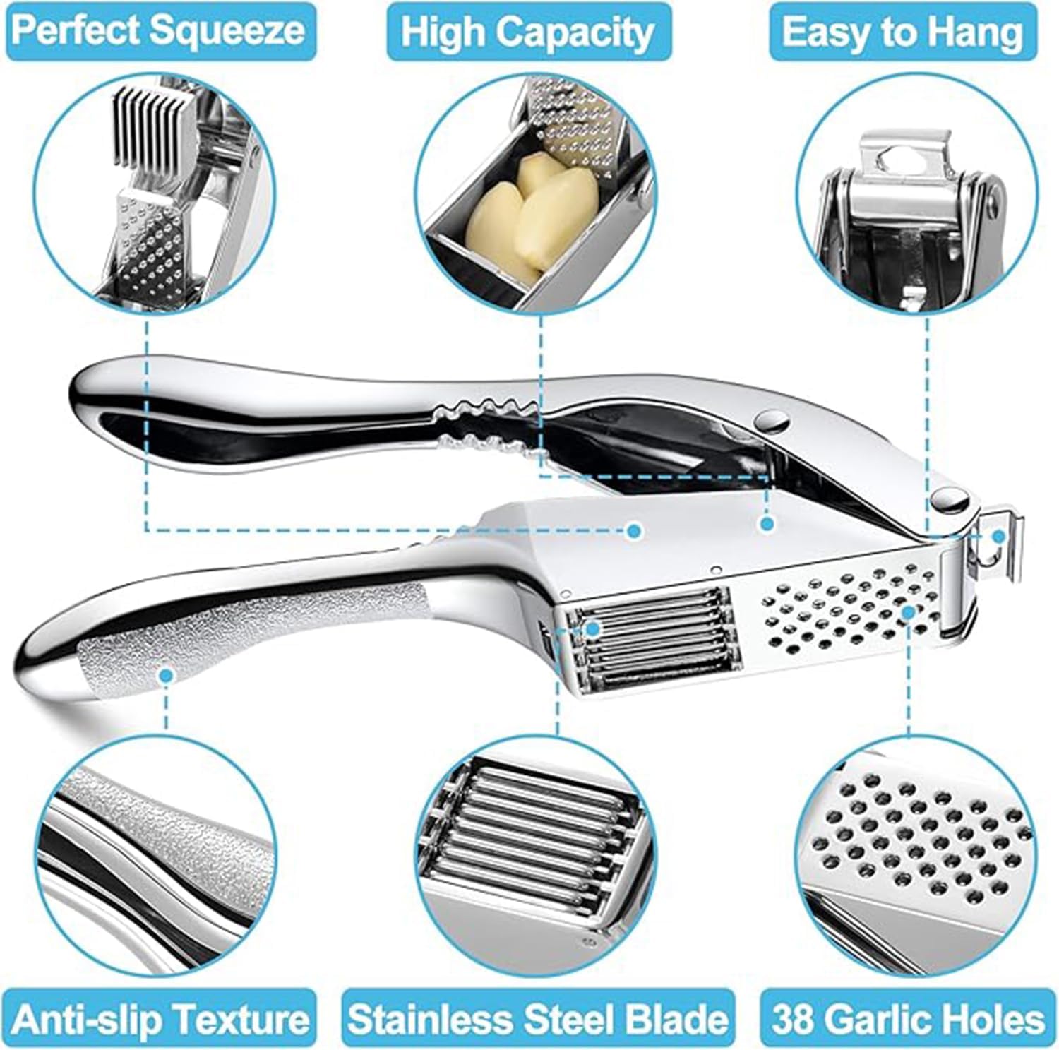 Garlic Press and Slicer 2 in 1, Rust Proof & Dishwasher Safe Professional Garlic Mincer Tool, Effortlessly Crush and Mince Garlic with this Ergonomic Handle-Garlic Peeler & Brush ANCQMI(Silver)