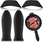 Domensi 4 Pcs Silicone Hot Handle Holder Set Cast Iron Skillet Handle Covers Heat Resistant Silicone Assist Handle Holder for Frying Pans Cast Iron Skillet Griddles Cookware(Black)