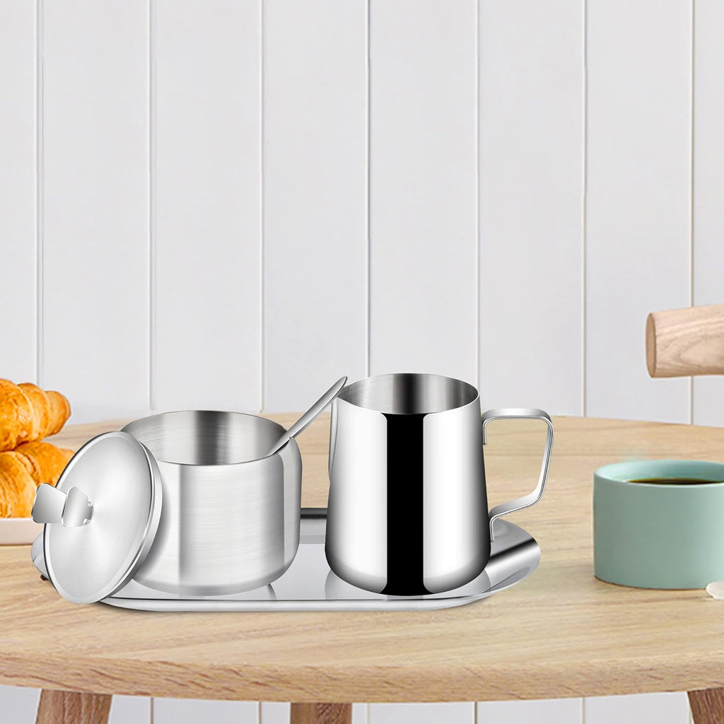 Stainless Steel Sugar and Creamer Set, Coffee Sets for Serving, Latte Milk Cup Cream Jug and Sugar Bowl with Lid Spoon Tray for Coffee Bar