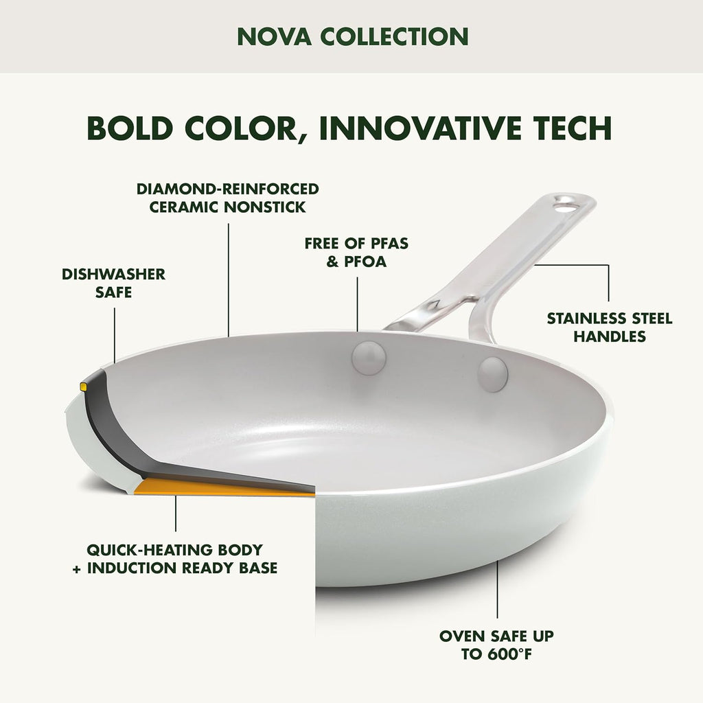 GreenPan Nova 10-Piece Cookware Pots & Pans Set, Oprah’s Favorite Things 2024, PFAS-Free Ceramic Nonstick, Fry, Sauté, Stockpot, Utensils, Lids, Induction Suitable, Dishwasher & Oven Safe, Cream White