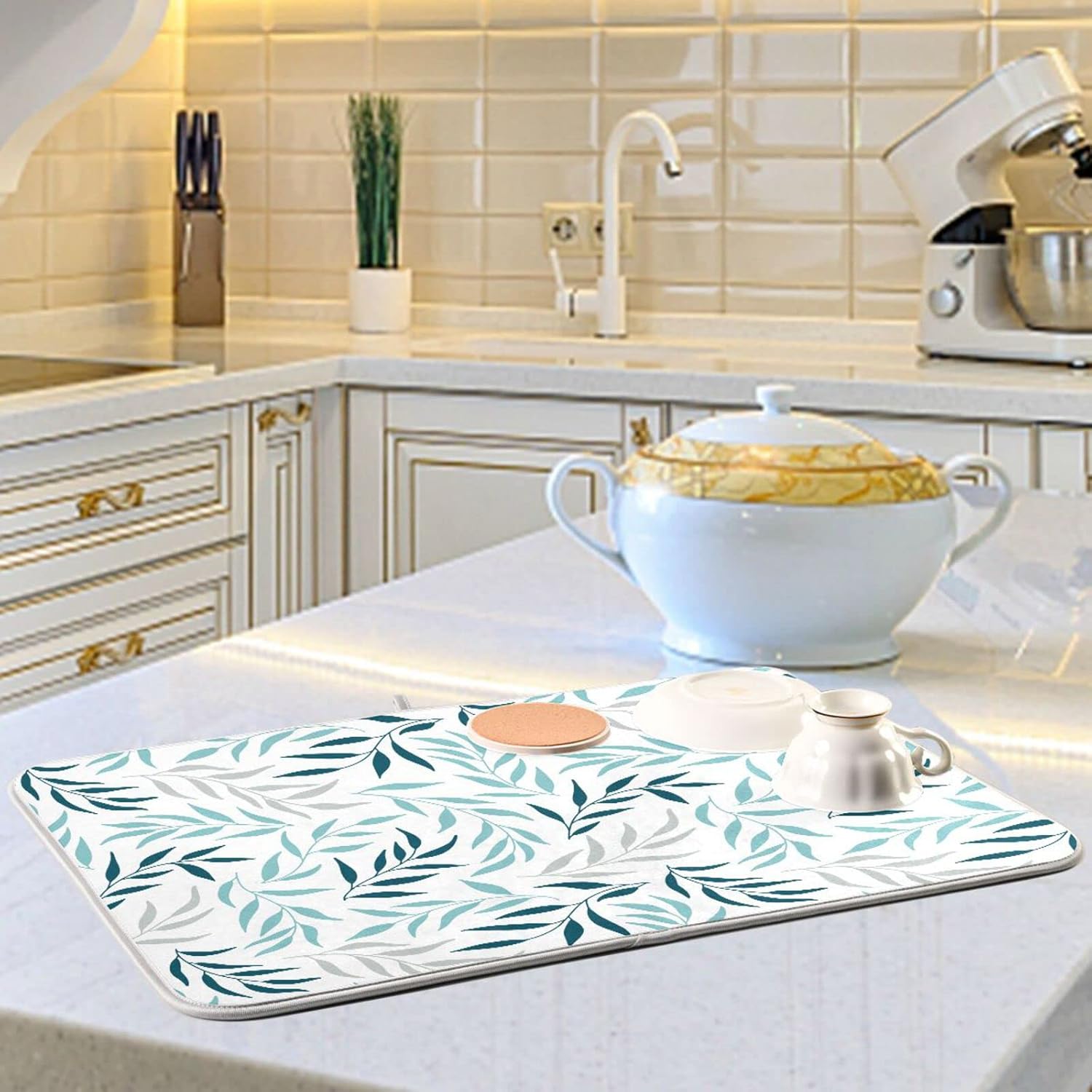 Blue Grey Olive Leaves Dish Drying Mat for Kitchen Counter Absorbent Microfiber Drying Pad, Medium 16x18 in, Reversible Drainer Mats