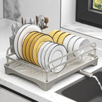 Dish Drying Rack,Dish Racks for Kitchen Counter,Metal Dish Drainer with Adjustable Drainage Spout,Removable Knife and Fork Holder (Grey)