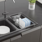 JAQ Small Dish Drying Rack in Sink Adjustable 14.25" to 20.55", Expandable 304 Stainless Steel Metal Dish Drainer Rack Organizer with Stainless Steel Utensil Holder Over Sink Counter (for 1-2 People)