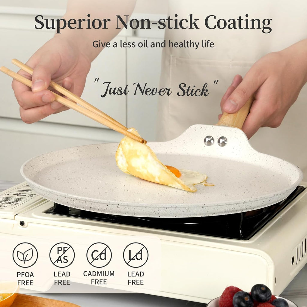 Nonstick Crepe Pan, Granite Coating Flat Skillet Dosa Tawa Tortilla Pan, 10 inch White Pancake Griddle Roti Pan With Stay-Cool Handle, Induction Compatible, PFOA Free