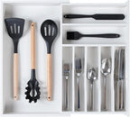 KitchenEdge Premium Silverware, Flatware and Utensil Organizer for Kitchen Drawers, Food-Safe Contract Grade, Expandable from 10.5 to 19 In, White Bamboo