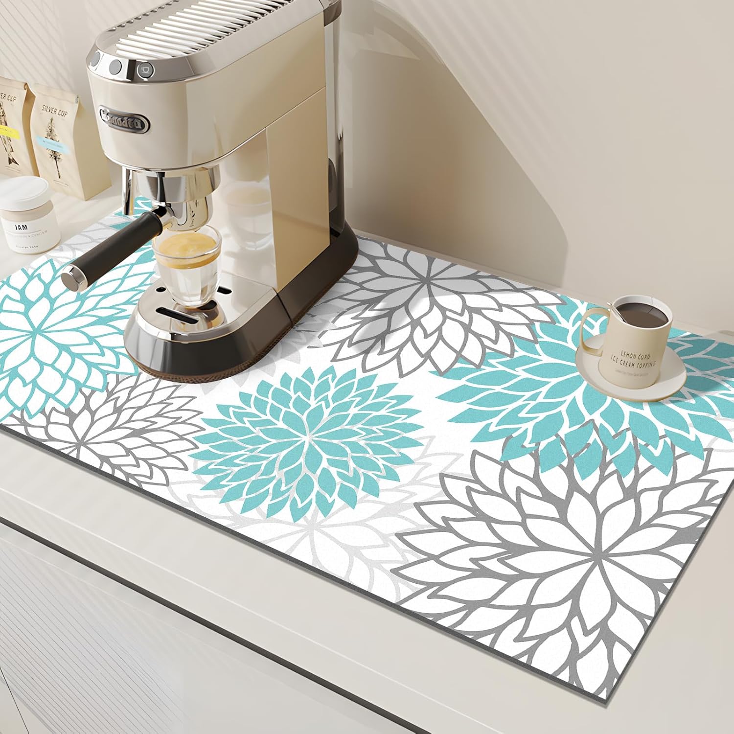 Findosom 2PCS 17" x 32" Dish Drying Mat & 24" x 5.5" Sink Splash Guard, Super Absorbent & Cuttable Dish Mat Drying Kitchen Mat with Teal Floral, Hide Stain Drying Mat for Kitchen Counter