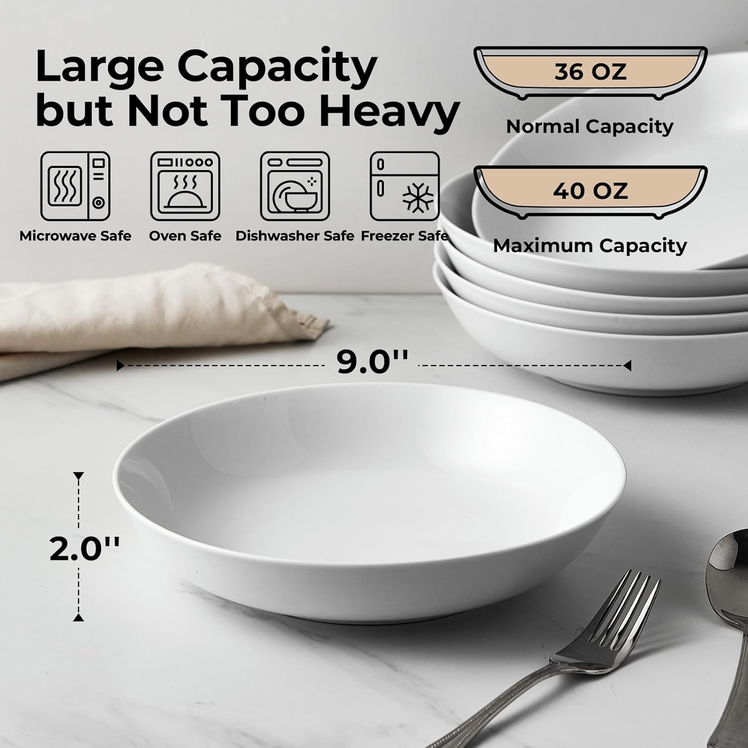 Y YHY 9" Pasta Bowls, 40oz Large Salad Bowls Set of 6, Wide Shallow Ceramic Bowls for Serving Soup, White Dinner Plates Set for Kitchen, Microwave Dishwasher Safe