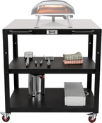 36''x 24'' Large Movable Pizza Oven Table for Outdoor, 304 Stainless Steel Grill Cart with Wheels, 3-Shelf Outdoor Kitchen Prep Table Pizza Oven Stand on Wheels for Ooni 16, Blackstone Griddle