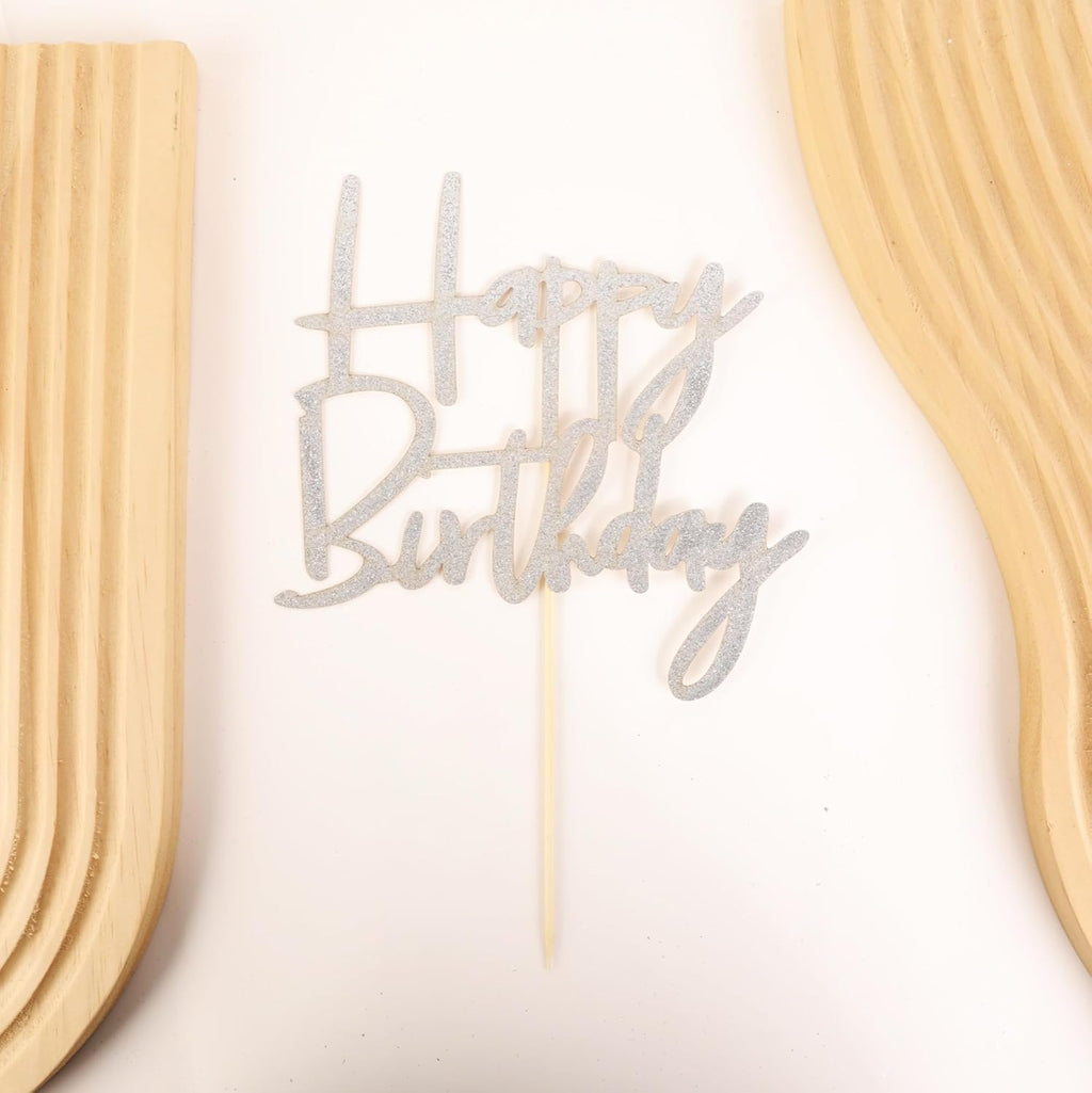 Happy Birthday Cake Topper - Glitter Silver Birthday Cake Top Decorations (Silver)