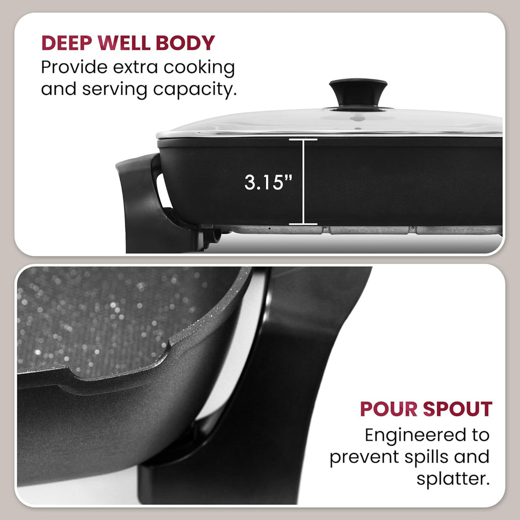 Elite Gourmet EG6203 Extra Deep 16"x13"x3.2" (10.5Qt.) Scratch Resistant, Easy Pour Spout, Dishwasher Safe, Non-stick Electric Skillet with Vented Glass Lid, Adjustable Temperature, Black