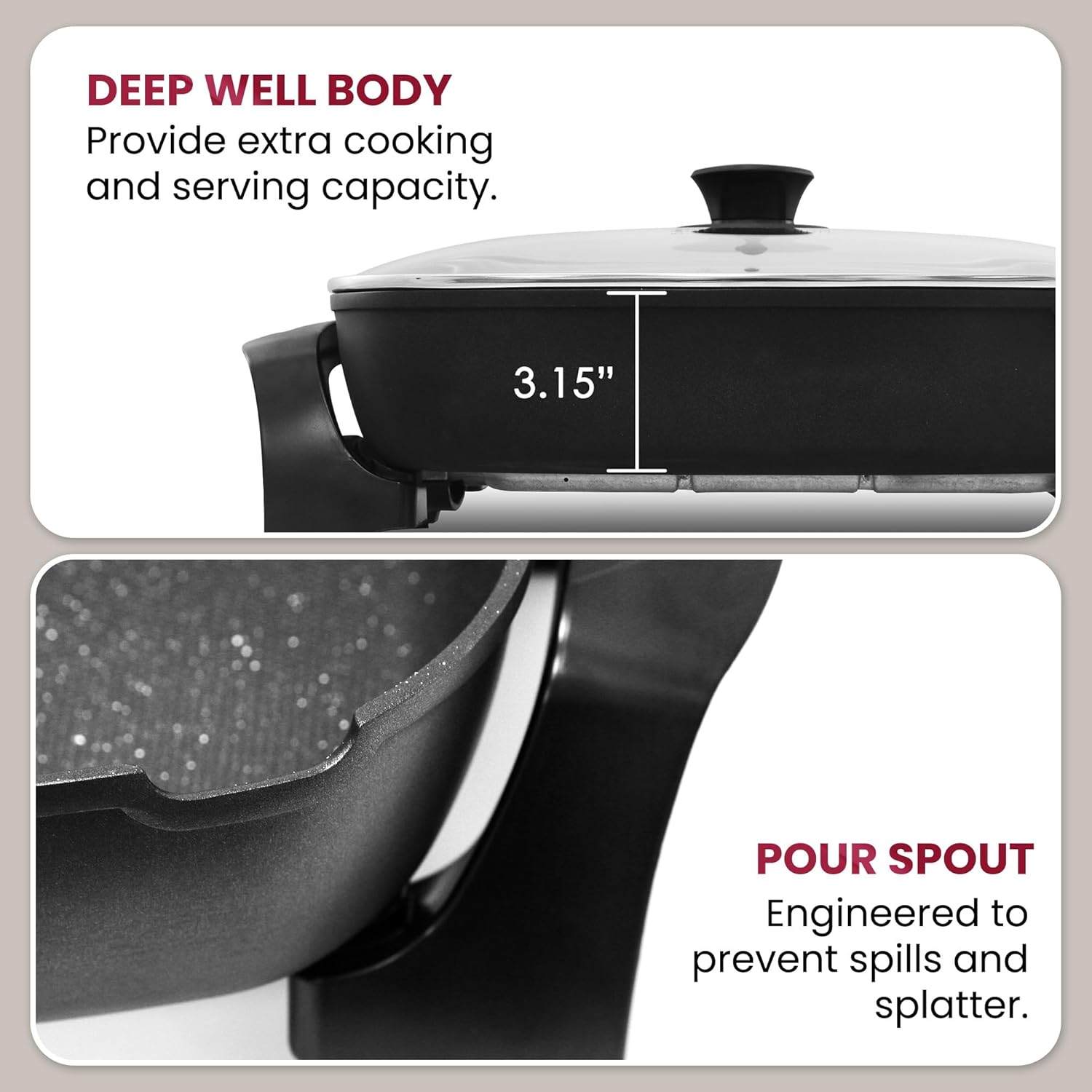Elite Gourmet EG6203 Extra Deep 16"x13"x3.2" (10.5Qt.) Scratch Resistant, Easy Pour Spout, Dishwasher Safe, Non-stick Electric Skillet with Vented Glass Lid, Adjustable Temperature, Black