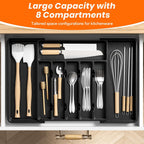 Large Silverware Organizer,Expandable Utensil Drawer Organizer,BPA Free Utensil Holder,Adjustable Silverware Tray Cutlery Drawer Organizer for Kitchen Flatware,Large,Black (6-8 Slots)