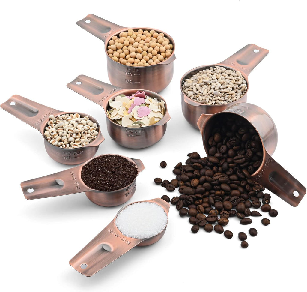 Smithcraft Copper Measuring Cups Set 7, Metric & US Stainless Steel Measuring Cups for Kitchen & Baking, Metal Measure Cups for Dry & Liquid, Nesting Measuring Cup Set with 1/8 2/3 & 3/4 Cups