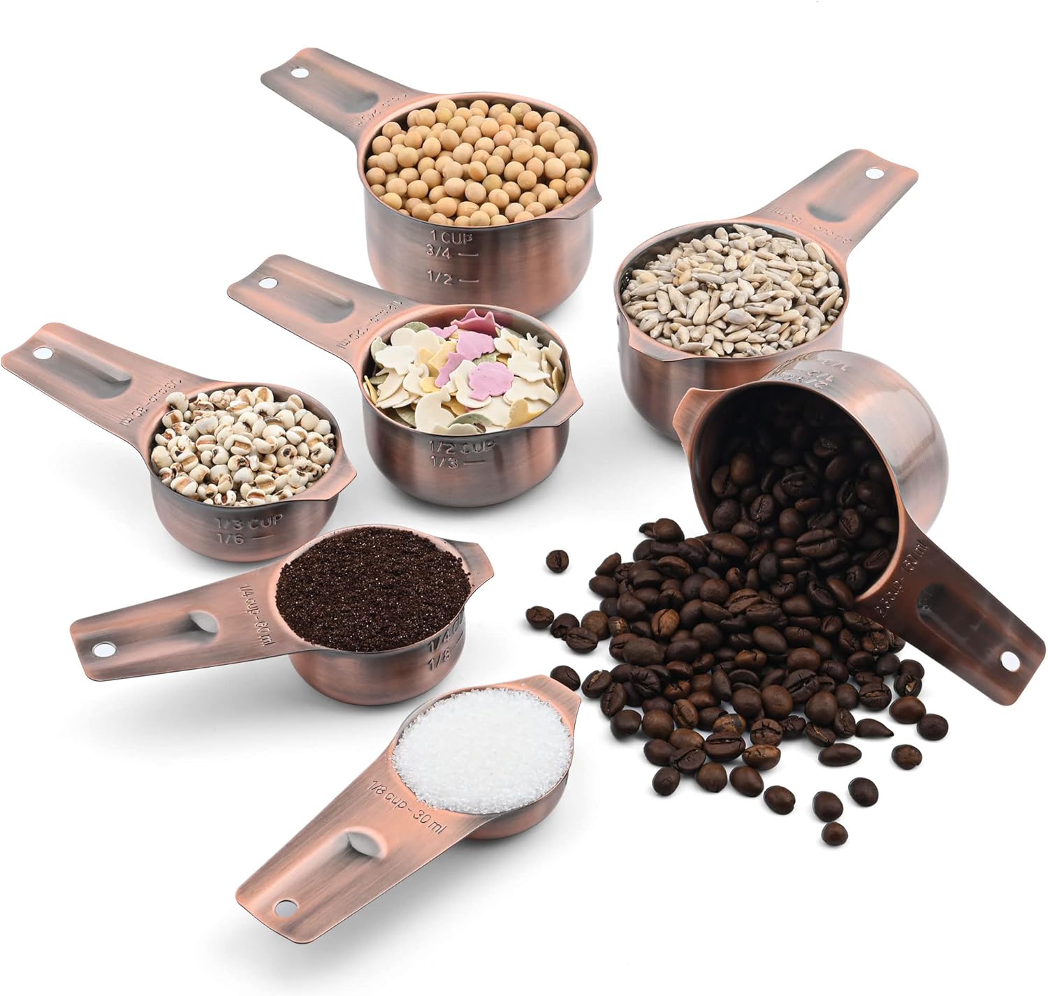 Copper Measuring Cups Set, 7-Piece Stainless Steel Measuring Cups Set, Metric&US Metal Measure Tools with 1/8, 1/4, 1/3, 1/2, 2/3, 3/4&1 Measure Cup for Dry & Liquid Ingredients During Baking