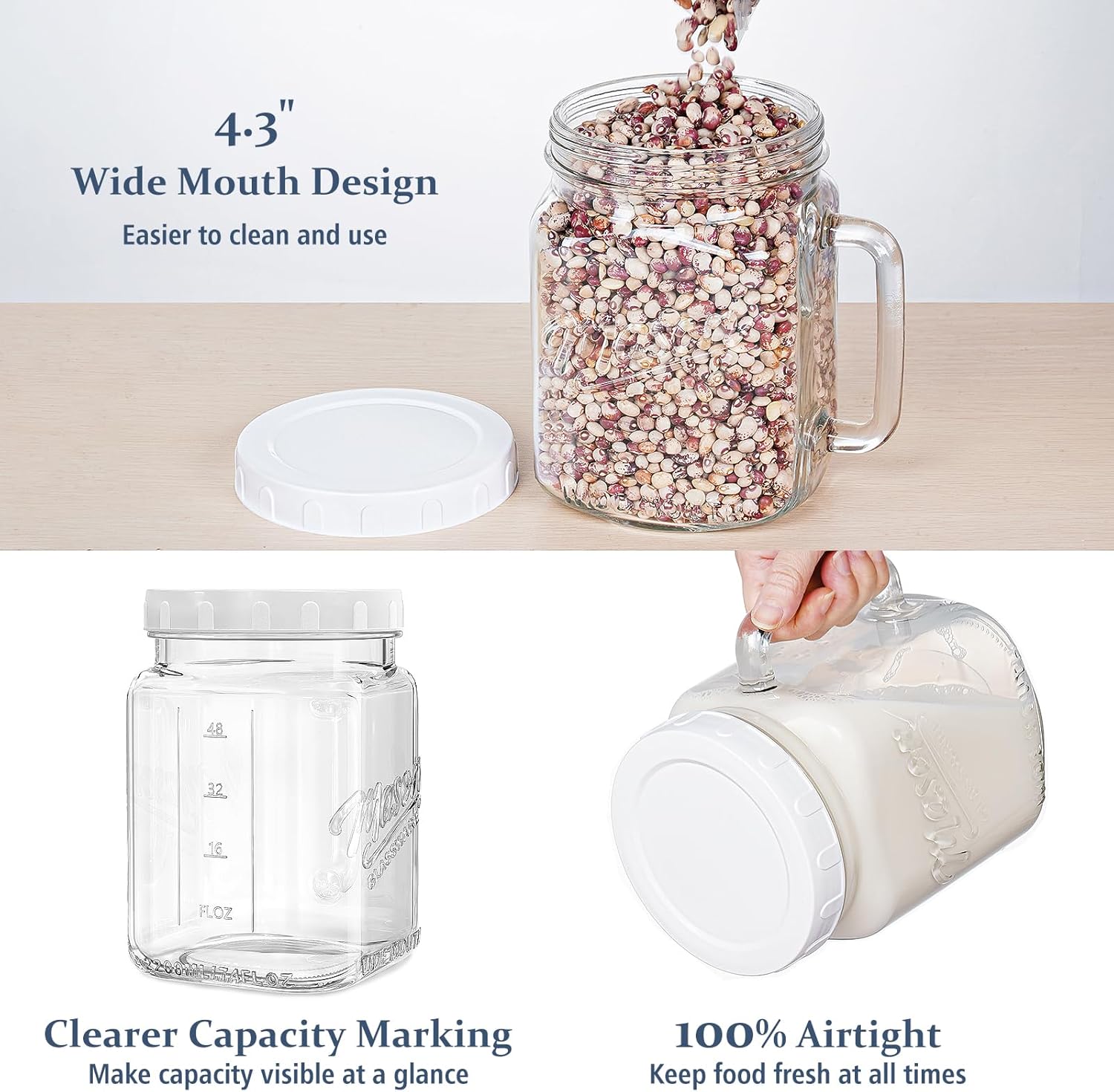 74 oz/2160 ml Glass Jar with Lid, Wide Mouth Airtight Glass Storage Jar, Quart Pantry Organization Mason Jar For Fridge, Food Storage Container For Sugar, Flour, Pickle, Coffee, Candy