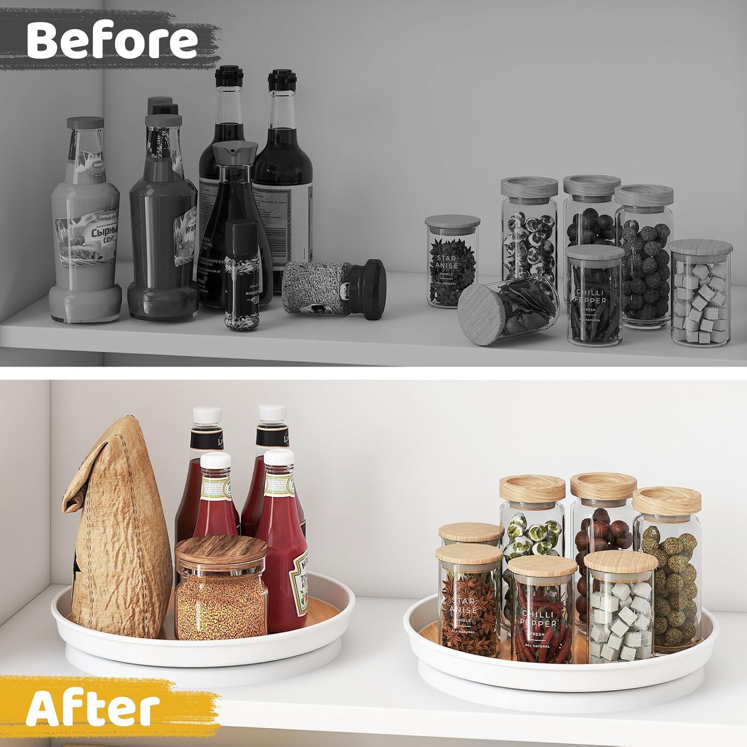 LAMU 1 Pack Lazy Susan Organizer, 10'' Lazy Susan Turntable for Cabinet, Table Top, Pantry, Refrigerator, Kitchen, Oak