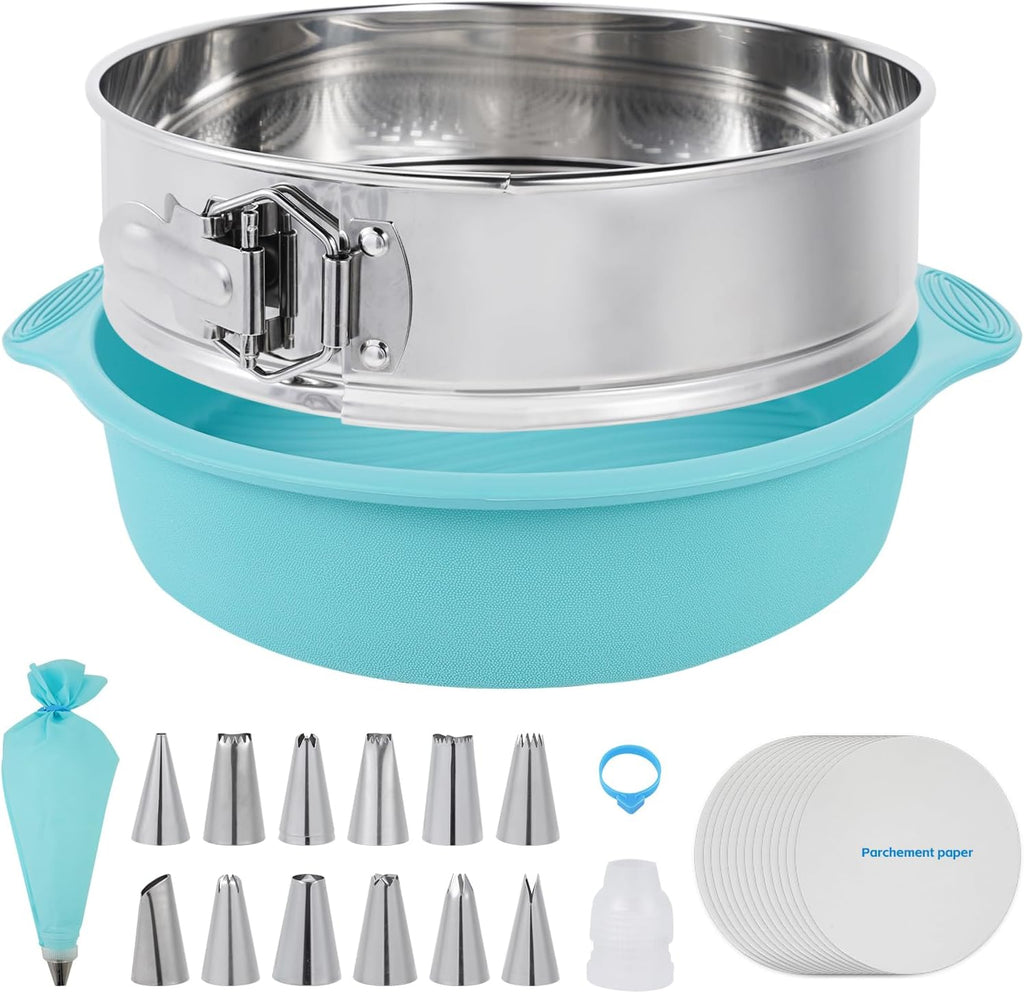 Aufind Springform Cake Pan 9 Inch, 304 Stainless Steel Baking Pan with Removable Bottom, Leakproof Nonstick Design Includes 12 Piping Tips, Silicone Mold and 50 Parchment Papers (9" Cake pan)