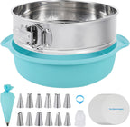 Aufind Springform Cake Pan 9 Inch, 304 Stainless Steel Baking Pan with Removable Bottom, Leakproof Nonstick Design Includes 12 Piping Tips, Silicone Mold and 50 Parchment Papers (9" Cake pan)