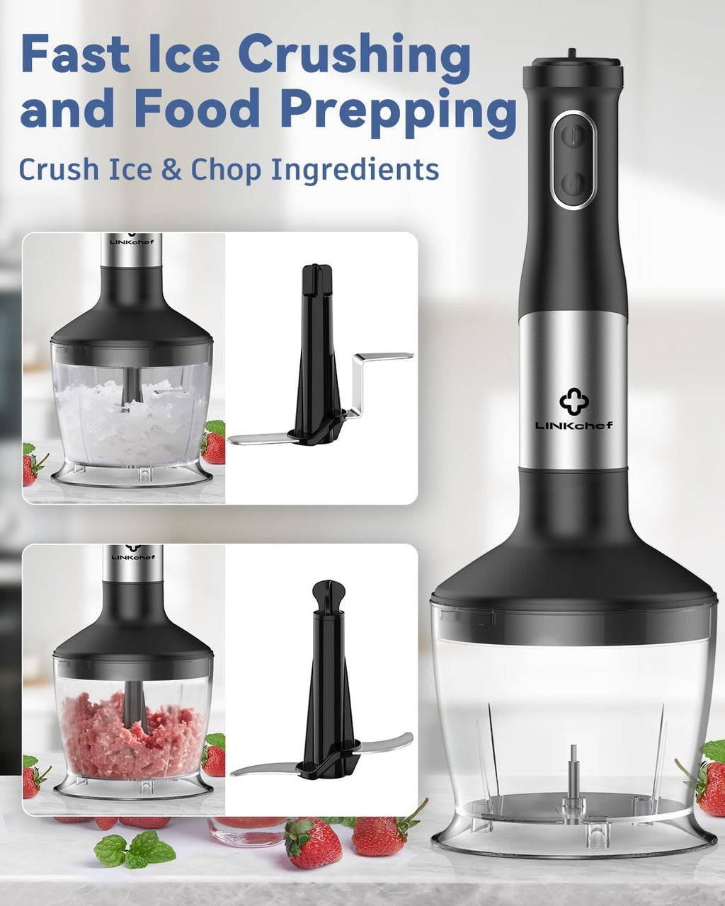 LINKChef 7 in 1 Immersion Blender Handheld, 800W Hand Blender Set, Scratch Resistant with 2 Titanium Steel Blades, 20 Speed and Turbo Mode, Includes Whisk, Milk Frother, Food Processor & Beaker