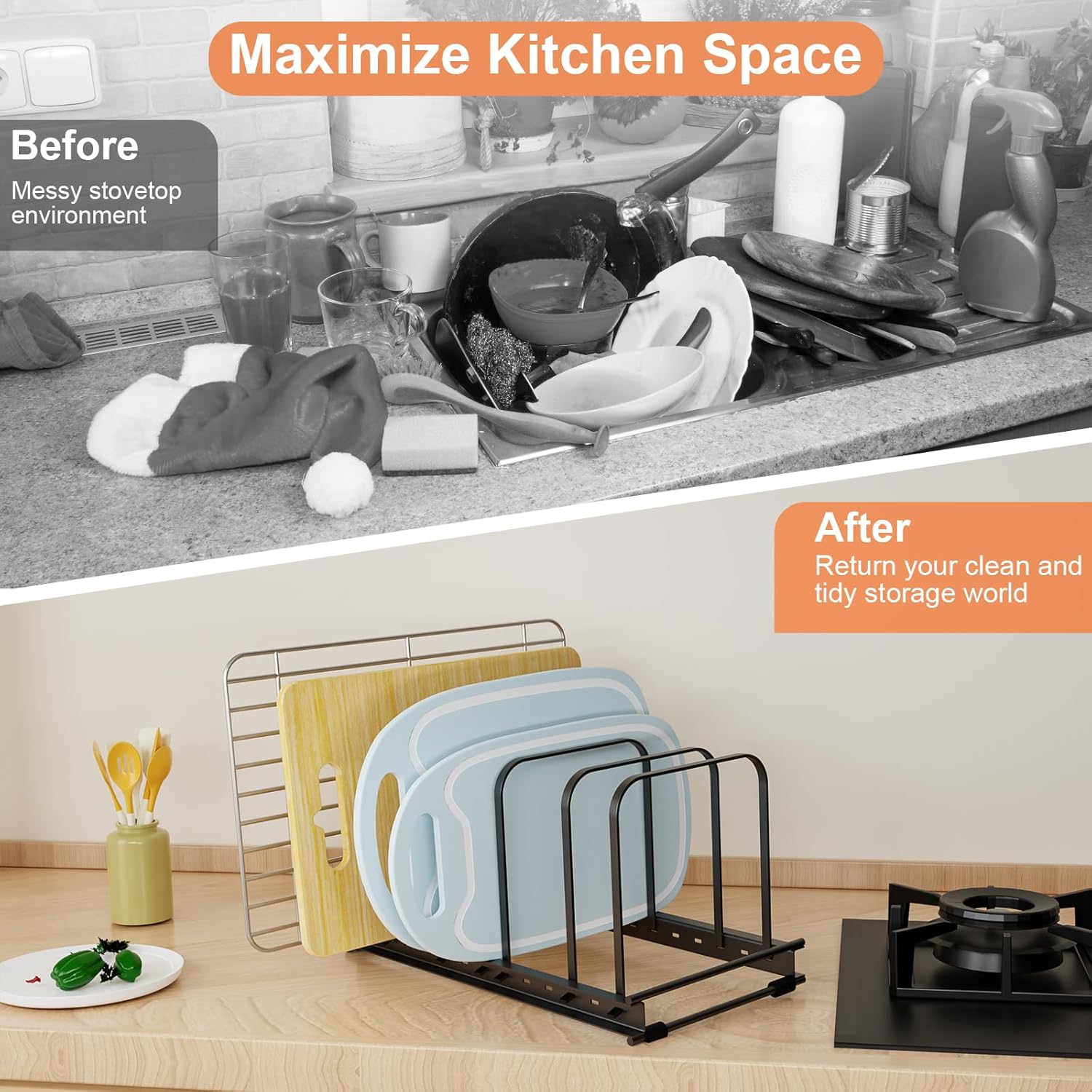 TEAMOLA Adjustable Bakeware Organizer Rack - 1pc Black Heavy-Duty Metal Cutting Board Rack for Cutting Boards & Cookware, Holds Utensils Up to 9.84" Wide (Space-Saving Holder Fits Narrow Countertops)