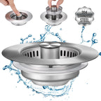 Upgraded 3 in 1 Kitchen Sink Drain Strainer - Stainless Steel Sink Stopper, Anti-Clogging Sink Food Catcher Basket, Fast Drainage Odor Filter Sink Plug for US Standard 3 1/2 inch Drain (Silver-1Pack)