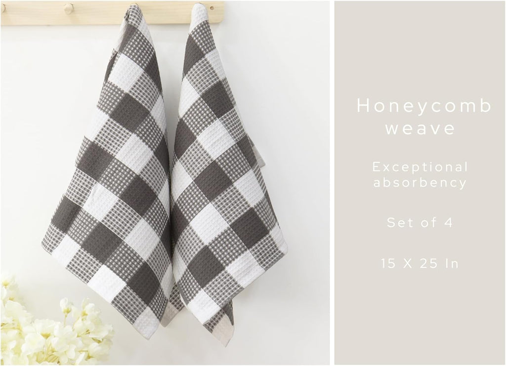 PurpleEssences 100% Cotton Waffle Weave Check Plaid Kitchen Towels, Super Soft and Absorbent Dish Towels for Drying Dishes 15 x 25-4 Pack - Spring Summer - Steel Grey and White