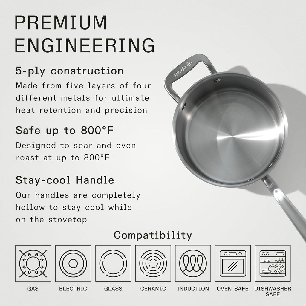 Made In Cookware - 4 Quart Stainless Steel Saucepan with Lid - 5 Ply Stainless Clad Sauce Pan - Professional Cookware - Crafted in Italy - Induction Compatible