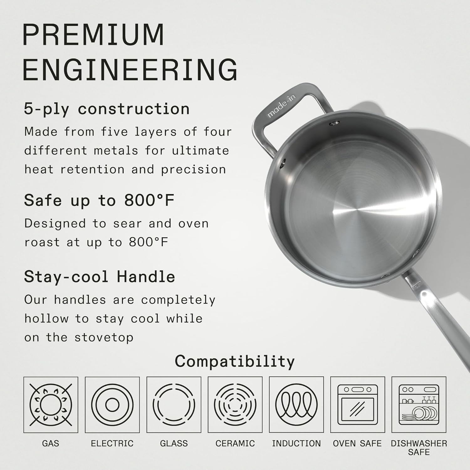Made In Cookware - 4 Quart Stainless Steel Saucepan with Lid - 5 Ply Stainless Clad Sauce Pan - Professional Cookware - Crafted in Italy - Induction Compatible