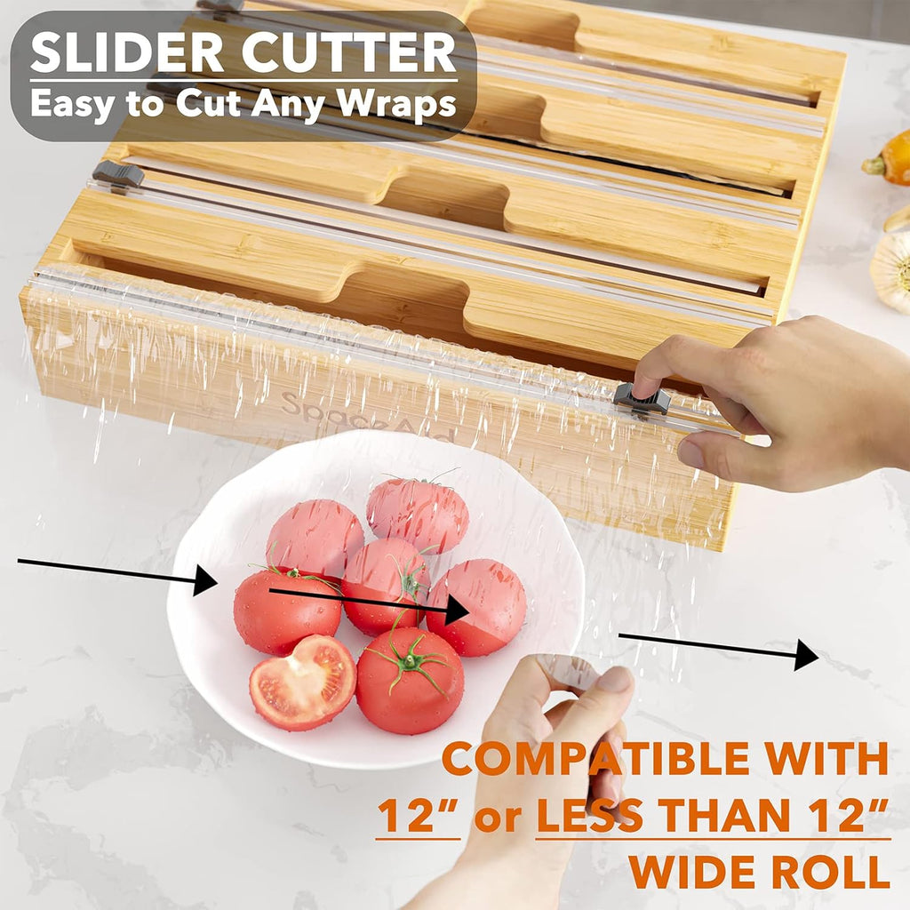 SpaceAid WrapNeat 4 in 1 Wrap Dispenser with Cutter and Labels, Plastic Wrap, Aluminum Foil and Wax Paper Dispenser for Kitchen Drawer, Bamboo Roll Organizer Holder, Compatible with 12" Roll