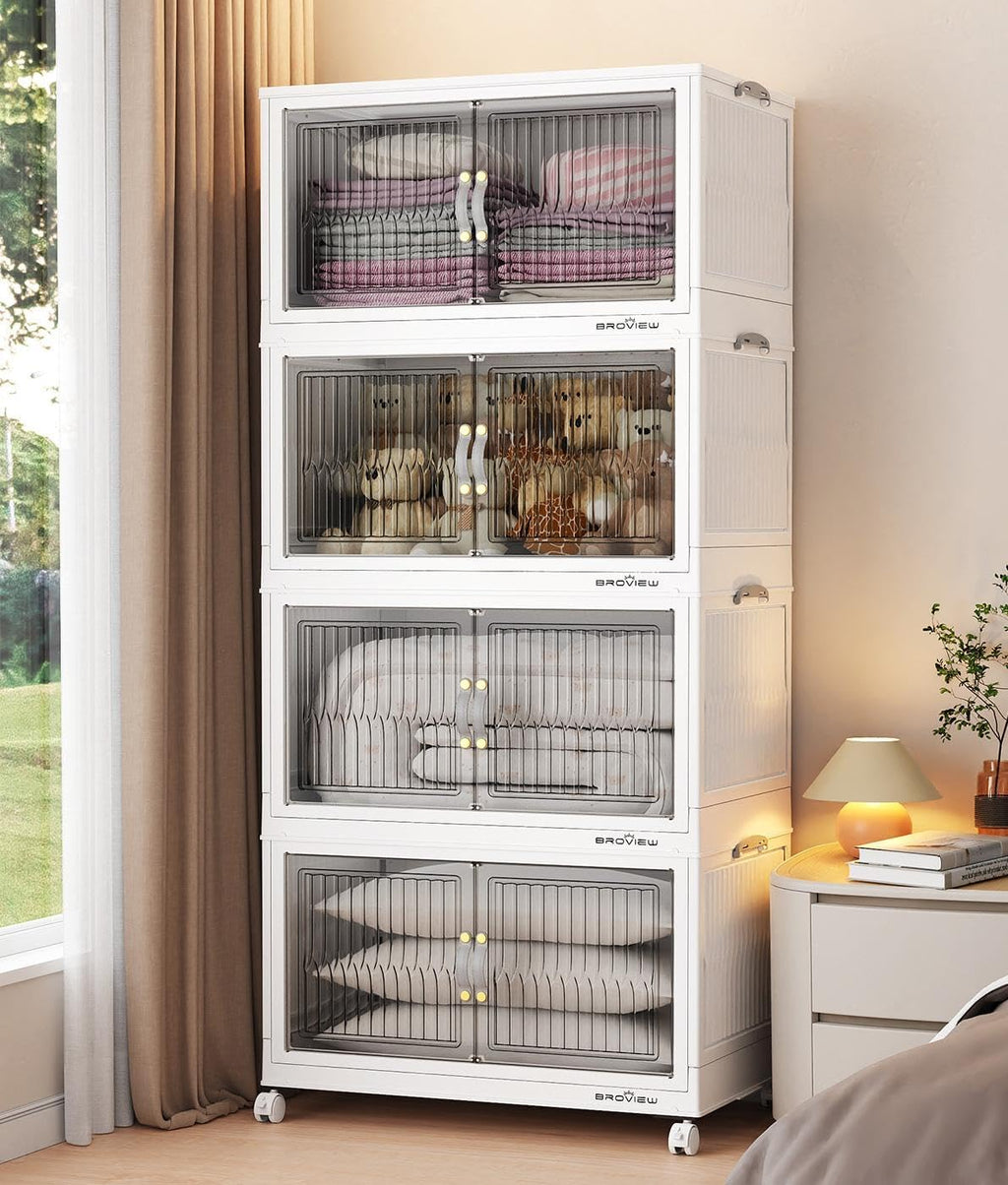 320Qt Stackable Storage Bins with Lid, Extra Large Closet Organizer Collapsible Drawer Boxes with Wheels, Folding Plastic Cabinet Containers for Home Kitchen Room Organization, 4Pack White