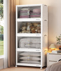 320Qt Stackable Storage Bins with Lid, Extra Large Closet Organizer Collapsible Drawer Boxes with Wheels, Folding Plastic Cabinet Containers for Home Kitchen Room Organization, 4Pack White