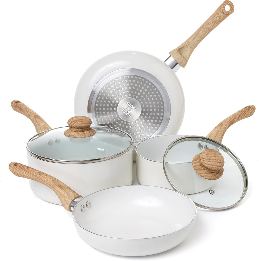 Moss & Stone 6 Pcs White Nonstick Cookware Set, Pots And Pans Set Non stick With Glass Lid, Induction Cookware, Stay-Cool Handle PTFE/PFOA Kitchen Pots 6-Piece with Frying Pans & Saucepan