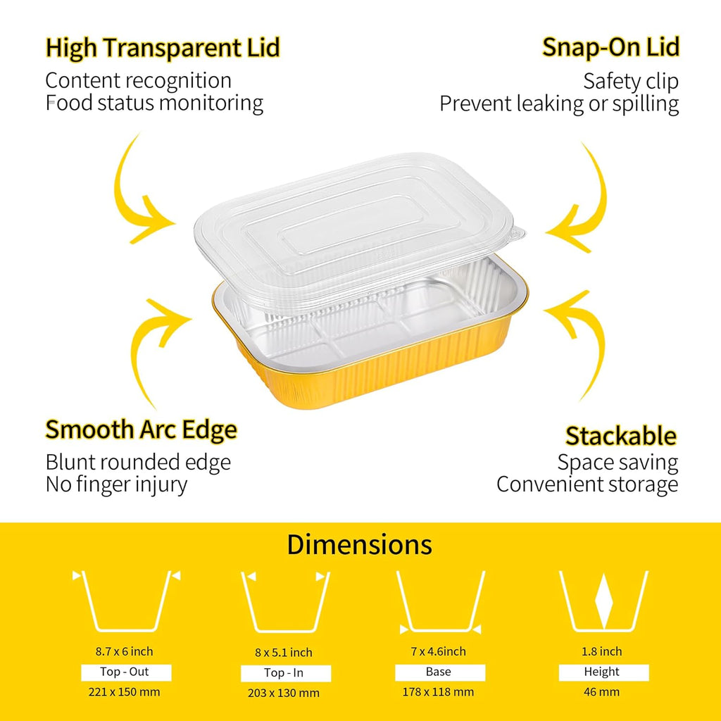 Aluminum Pans with Lids Heavy Duty (40 Pack + 40 Lids, 8.7"×6") 2.25 LB Capacity Foil Food Containers with Lids, Disposable Tin Foil Pans with Lids for Baking, Meal Prep, Freezer, Heating and Takeout