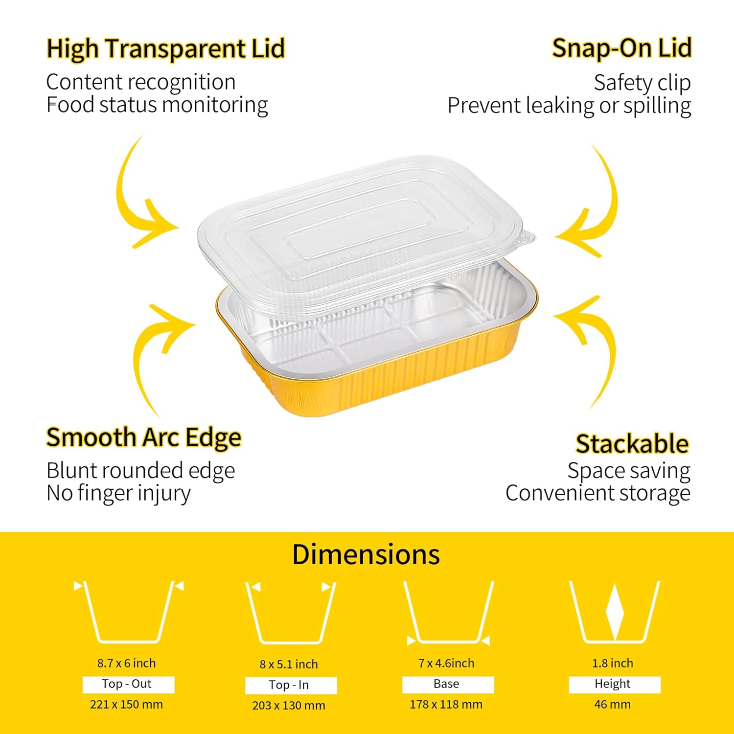 Aluminum Pans with Lids Heavy Duty (40 Pack + 40 Lids, 8.7"×6") 2.25 LB Capacity Foil Food Containers with Lids, Disposable Tin Foil Pans with Lids for Baking, Meal Prep, Freezer, Heating and Takeout