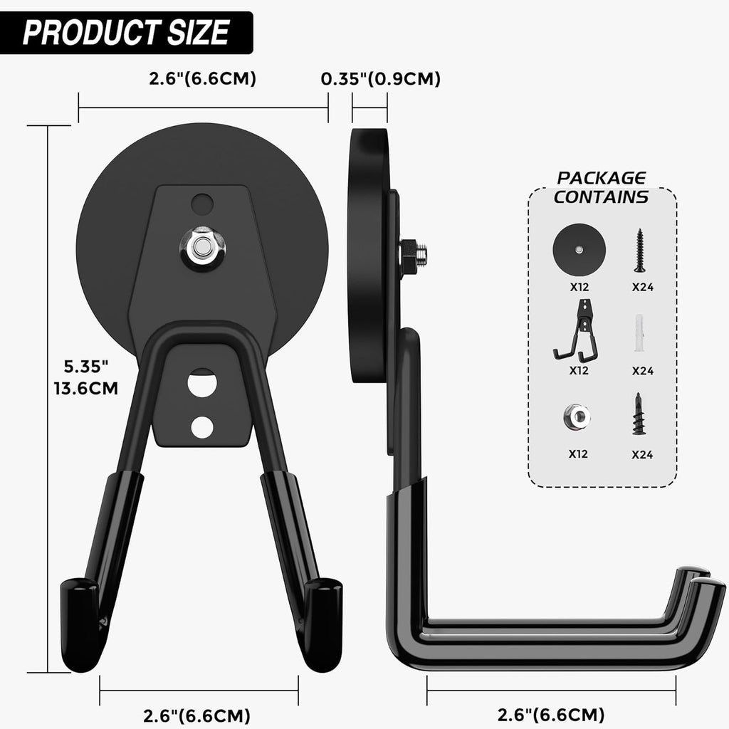 12 Pcs Magnetic Hooks Heavy Duty, Large Strong Magnetic Storage Hook for Hanging Garage Tool, 66mm Magnet Hooks with Anti-Slip Coating, Magnetic Holder for Power Drill/Metal Cabinet/Garden Tools