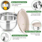 TeamFar Mixing Bowls with Airtight Lids, 5PCS Stainless Steel Metal Salad Bowl with 3 Grater Attachments, for Cooking, Prepping, Serving, Healthy & Easy Clean - 0.7/1/1.5/2.6/4.6QT, Khaki