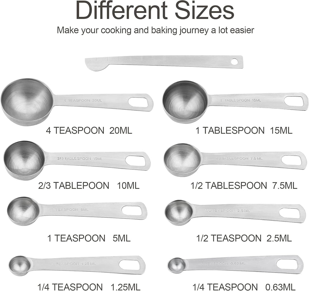 Measuring Cups and Spoons Set, Stainless Steel Measuring Cups, 18/8(304) Material Heavy Duty 7 Measuring cups and 8 Measuring Spoons 1 Leveler and 2 rings Pack 18pcs Per set