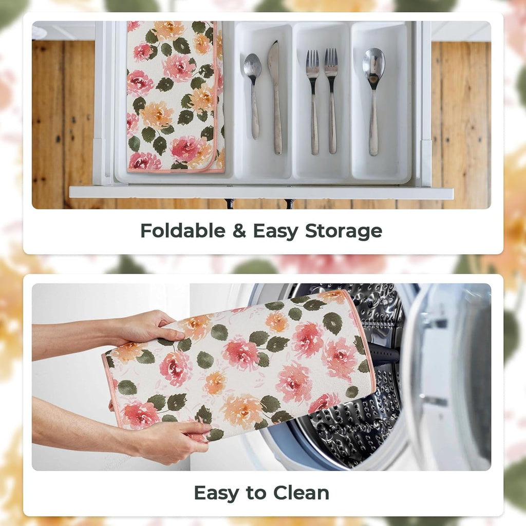 FRESHMINT Printed Dish Drying Mats for Kitchen Counter 2 Pack Absorbent Reversible Drying Mats Microfiber Kitchen Countertop Protector Dishes Drying Pad Extra Large 18"x24" Dish Mat